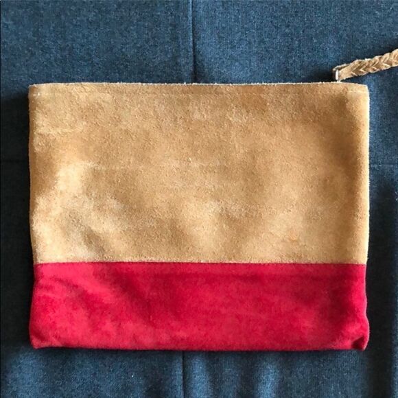 LIKE NEW Suede Clutch Large Red Tan Genuine Bag - Picture 1 of 7
